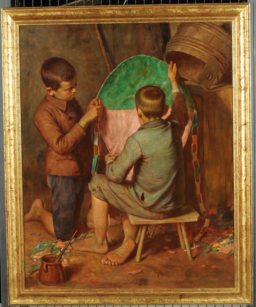 Luigi Bechi (1830-1919)bambini che Costruiscono Aquilone