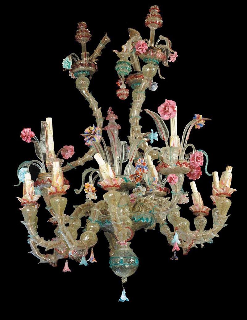 Lampadario in vetro soffiato a dodici luci, Murano XX secolo  - Asta Antiquariato e Dipinti Antichi - Cambi Casa d'Aste