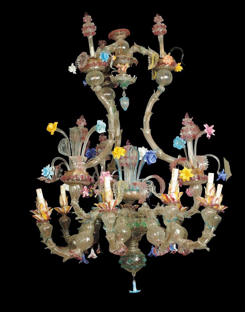 Lampadario in vetro soffiato a nove luci, Murano XX secolo  - Asta Antiquariato e Dipinti Antichi - Cambi Casa d'Aste