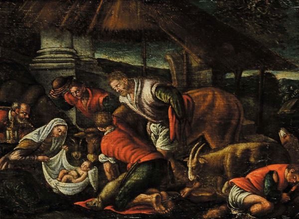 Jacopo da Ponte Bassano (1510/18-1592), ambito di Nativitˆ e Paesaggio con figure ed armenti