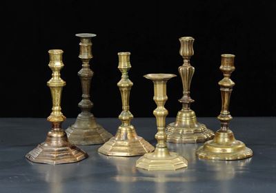 Sei Candelabri Differenti in Bronzo Brunito e Dorato, XVIII Secolo