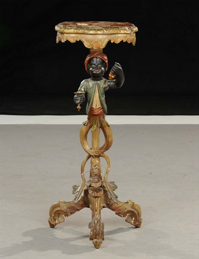 Gueridon in Legno Intagliato, Laccato e Dorato, Fine XIX Secolo