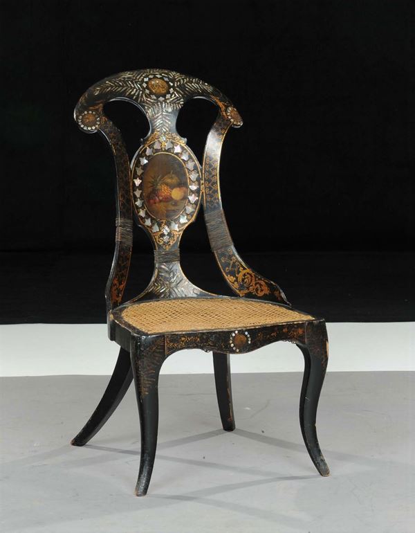 Sedia in legno ebanizzato con intarsi in madreperla, XIX secolo