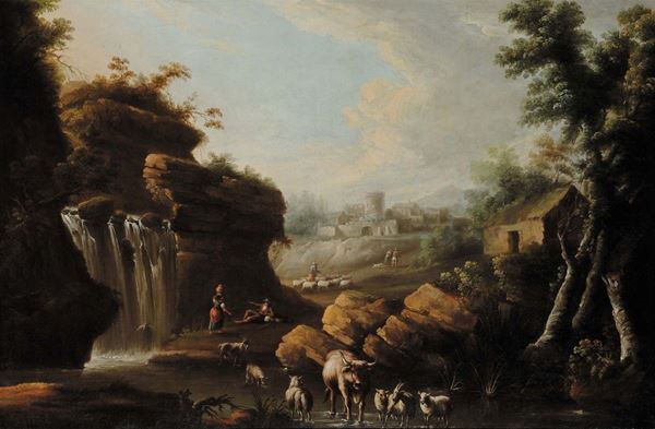 Scuola del XVIII secolo Paesaggio con cascata ed armenti