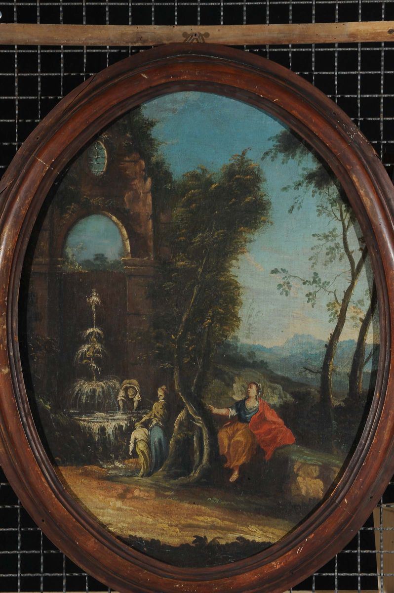 Scuola del XVIII secolo Paesaggio con personaggi ed architetture  - Asta Antiquariato e Dipinti Antichi - Cambi Casa d'Aste