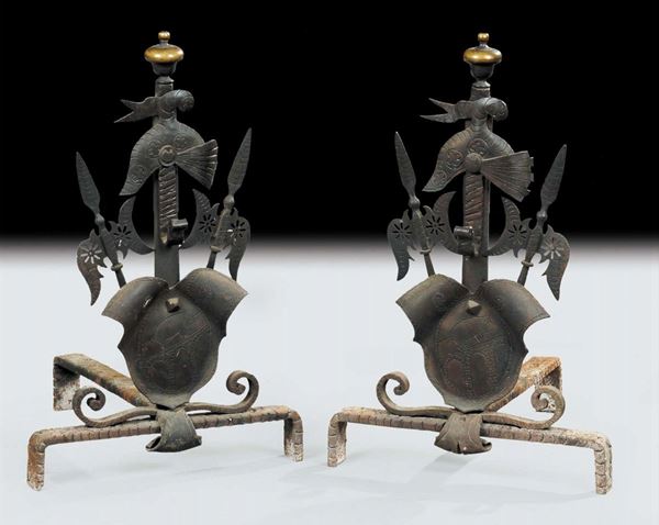 Coppia di alari in ferro battuto, XVIII secolo