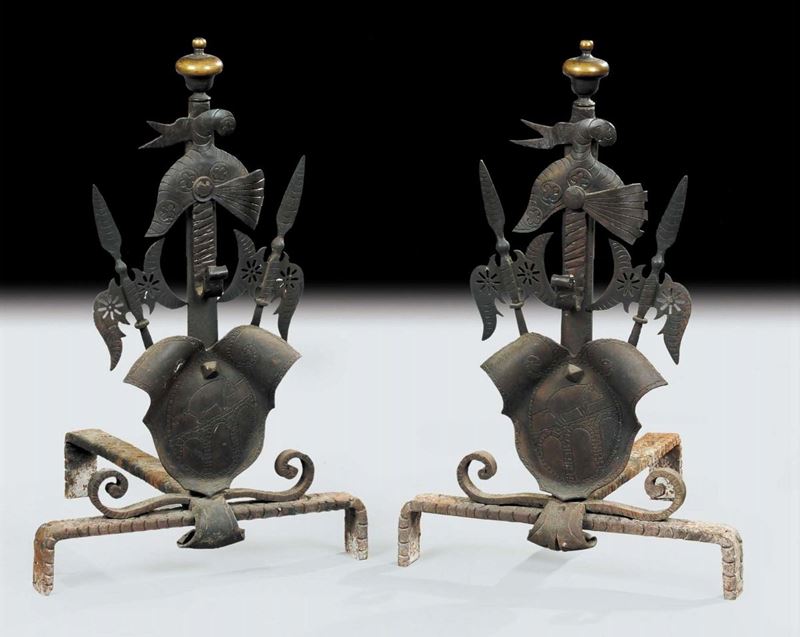Coppia di alari in ferro battuto, XVIII secolo  - Asta Antiquariato e Dipinti Antichi - Cambi Casa d'Aste