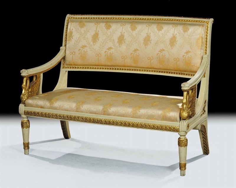 Divano Impero intagliato, laccato e dorato, XIX secolo  - Auction Old Paintings and Furnitures - Cambi Casa d'Aste
