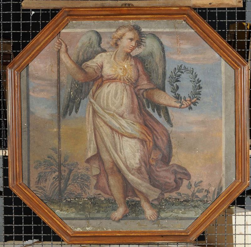 Strappo di affresco ottagonale raffigurante Angelo  - Auction Old Paintings and Furnitures - Cambi Casa d'Aste
