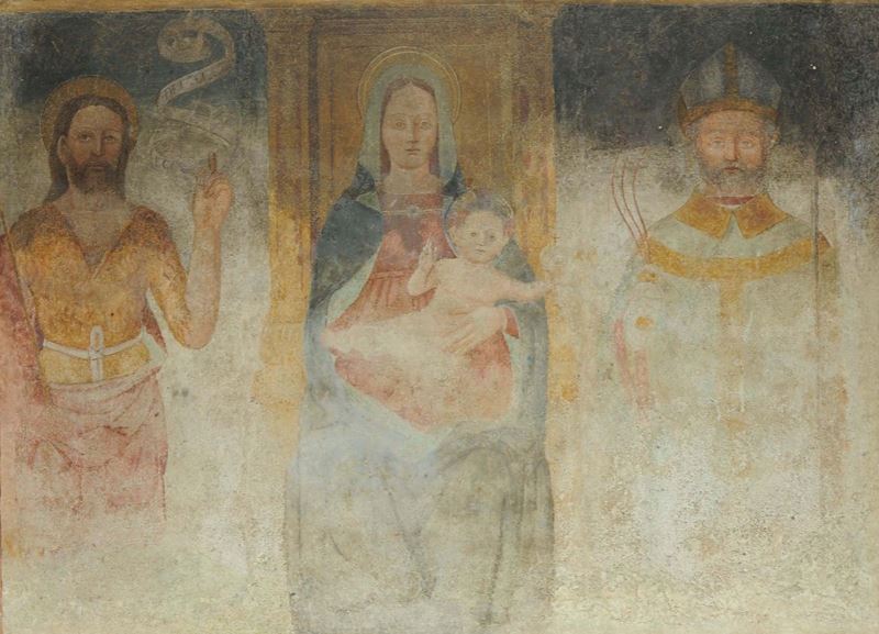 Strappo di affresco raffigurante Madonna con Bambino e Santi  - Asta Antiquariato e Dipinti Antichi - Cambi Casa d'Aste