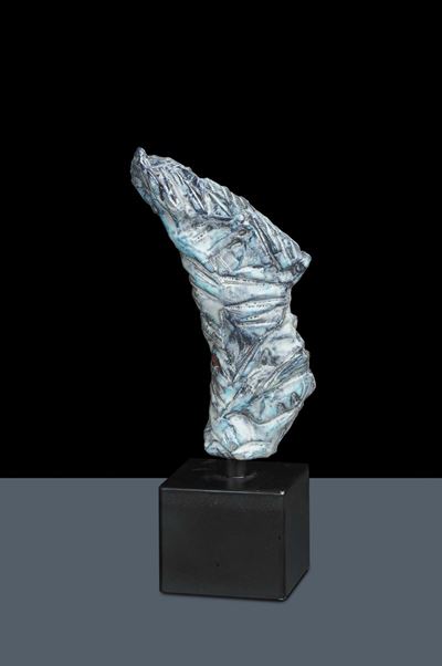 Scultura Informale in Terracotta Smaltata in Azzurro e Grigio Scuro