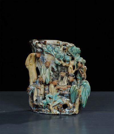 Vaso in Porcellana Gres con Scena Conviviale, Cina XVIII Secolo