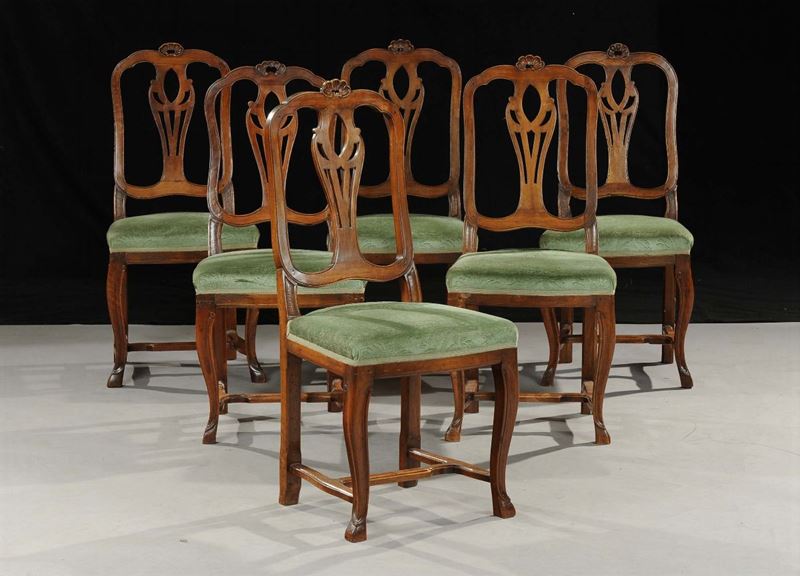 Sei sedie in stile Luigi XV in noce, Veneto fine XIX secolo  - Asta Antiquariato e Dipinti Antichi - Cambi Casa d'Aste