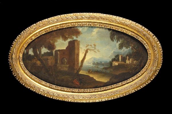 Michele Pagano (1697-1732) Paesaggio con ruderi ed alberiPaesaggio con estuario e ponte