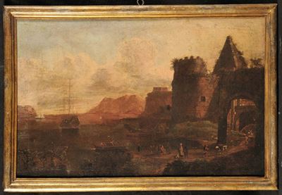 Adriaen Van Der Cabel (1631-1705)marina con Insenatura Portuale e Piramidemarina con Ruderi Antic...