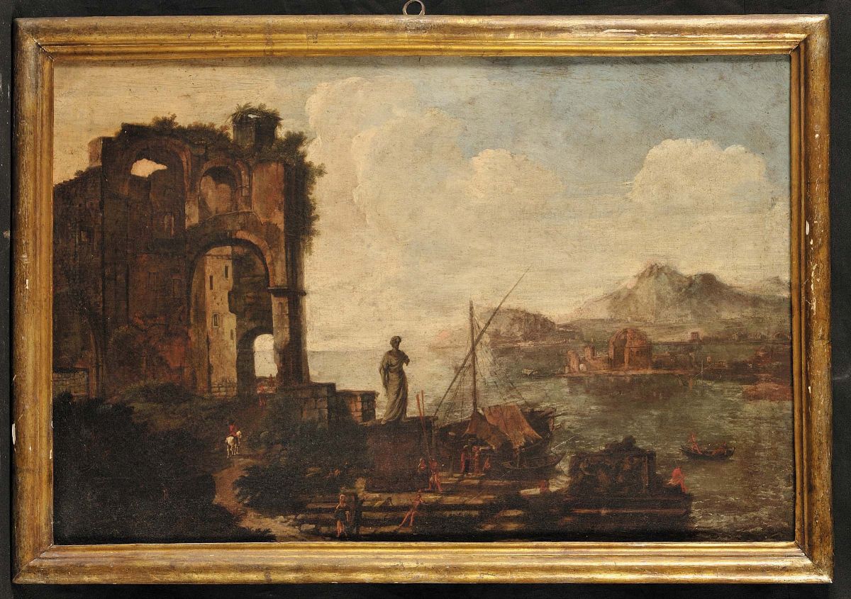 Adriaen Van Der Cabel (1631-1705)marina con Insenatura Portuale e Piramidemarina con Ruderi Antic...