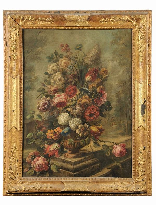 Gasparo Lopez (1650-1732) Vaso ricolmo di fiori su fondo di giardino