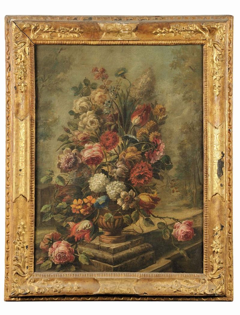 Gasparo Lopez (1650-1732) Vaso ricolmo di fiori su fondo di giardino  - Asta Antiquariato e Dipinti Antichi - Cambi Casa d'Aste