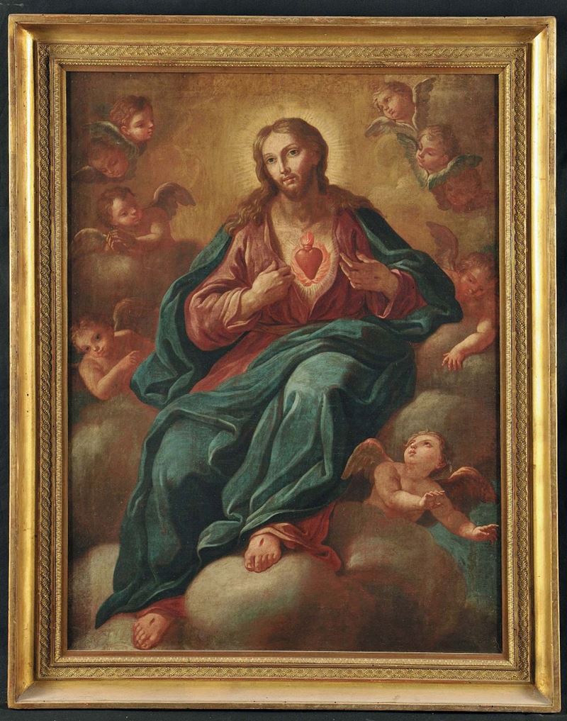 Alfonso Di Spigna (1697-1785), attribuito a Ges in gloria mostra il cuore ardente  - Auction Old Paintings and Furnitures - Cambi Casa d'Aste