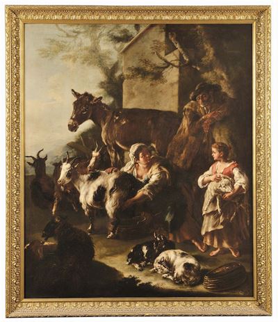 Domenico Brandi (1683-1736)contadina che Munge una Capragiovani Mandriano con Armenti