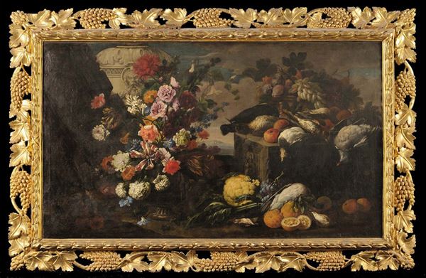 Franz Werner Von Tamm detto Daprait (1658-1724) Natura morta con vaso di fiori, frutta e cacciagioneNatura morta con cocomero, melagrane e frutta