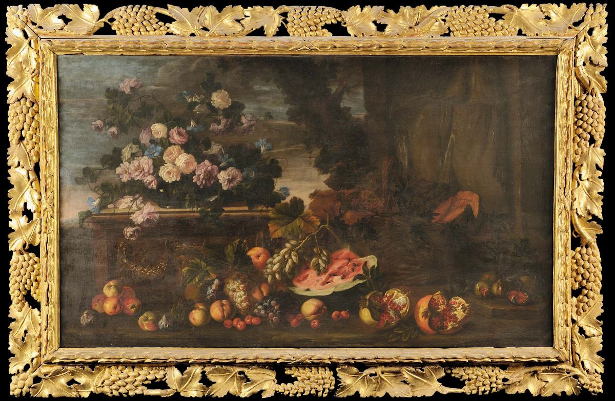 Franz Werner Von Tamm Detto Daprait (1658-1724)natura Morta con Vaso di Fiori, Frutta e Cacciagio...