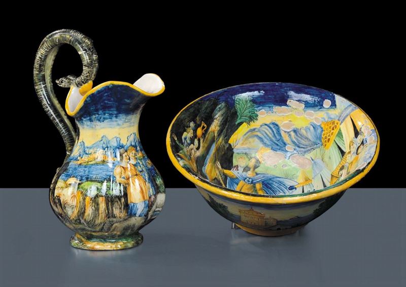 Brocca e bacile in maiolica policroma, Italia centrale XIX secolo  - Auction Old Paintings and Furnitures - Cambi Casa d'Aste