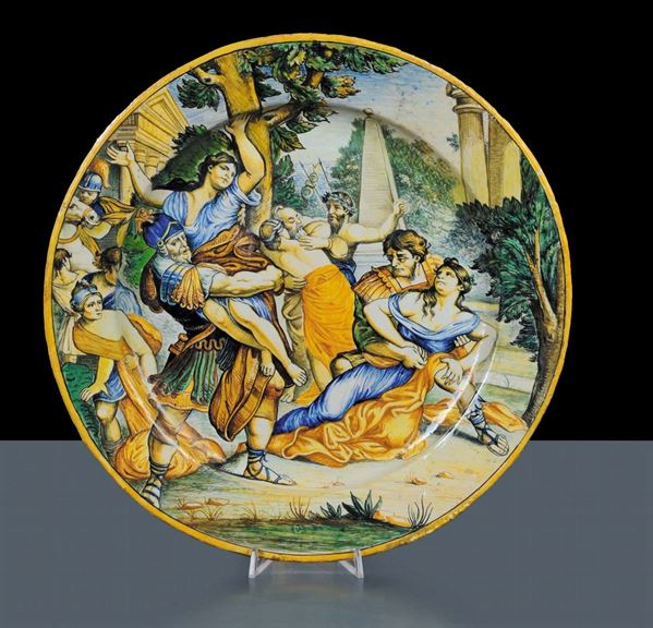 Grande piatto da parata in maiolica policroma, Castelli fine XIX secolo