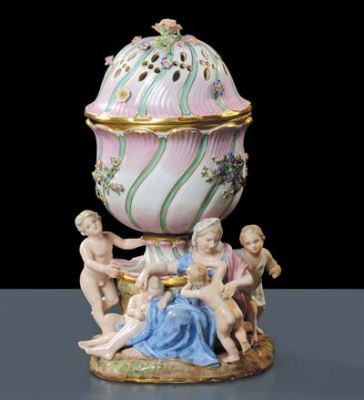 Vaso Pot-pourri con Coperchio in Porcellana Policroma, Meissen Metˆ XIX Secolo