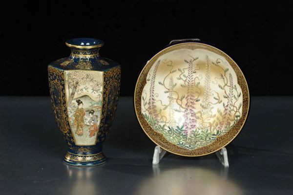 Piccola ciotola e piccolo vaso in porcellana policroma, Giappone Satsuma fine XIX secolo