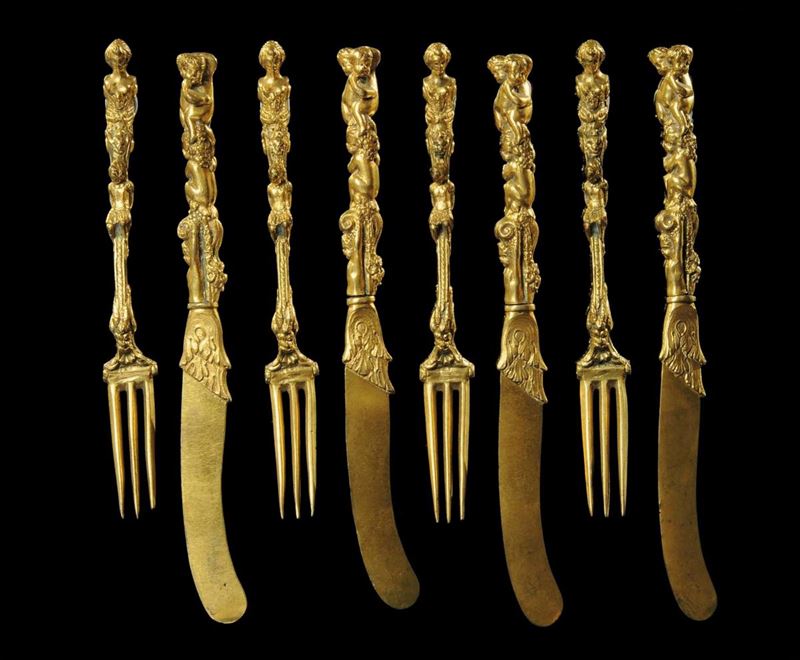 Otto posate in bronzo dorato, fine XVI secolo  - Asta Antiquariato e Dipinti Antichi - Cambi Casa d'Aste