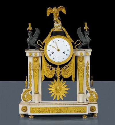 Orologio Impero in Bronzo Dorato e Marmo Bianco, XIX Secolo