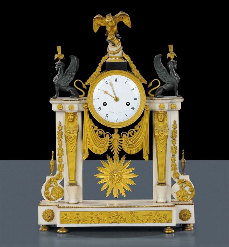Orologio Impero in bronzo dorato e marmo bianco, XIX secolo  - Auction Old Paintings and Furnitures - Cambi Casa d'Aste