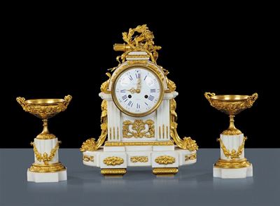 Trittico in Bronzo Dorato e Marmo Bianco con Orologio Raingo, Parigi XIX Secolo