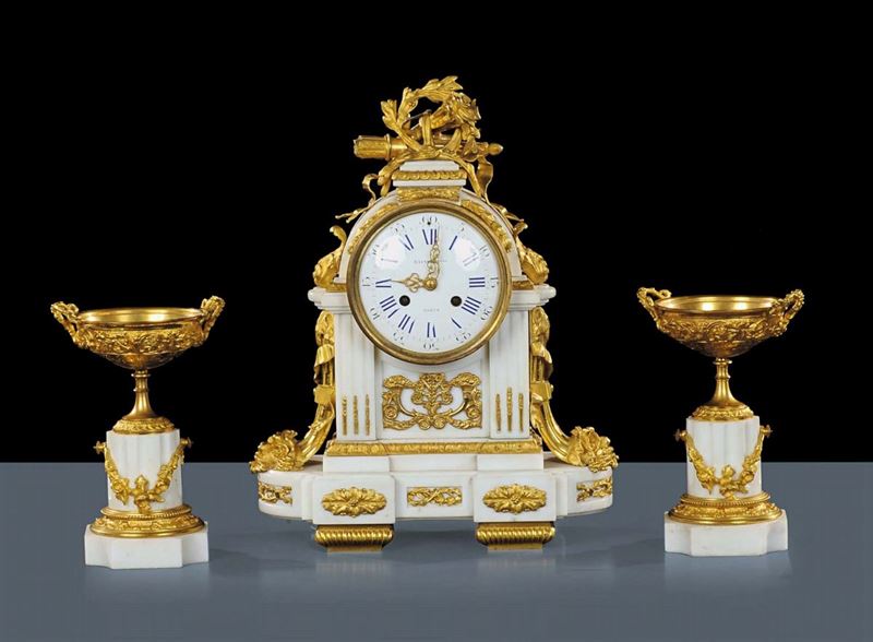 Trittico in bronzo dorato e marmo bianco con orologio Raingo, Parigi XIX secolo  - Auction Old Paintings and Furnitures - Cambi Casa d'Aste