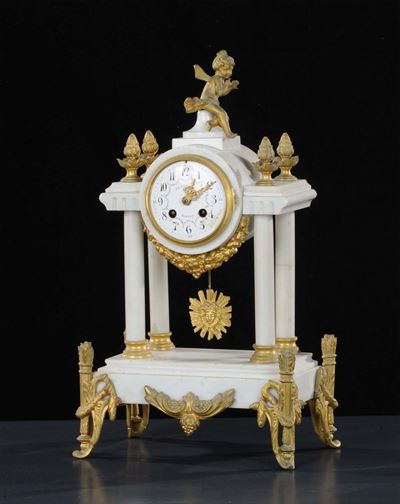 Orologio a Portale in Bronzo e Marmo Bianco, XIX Secolo
