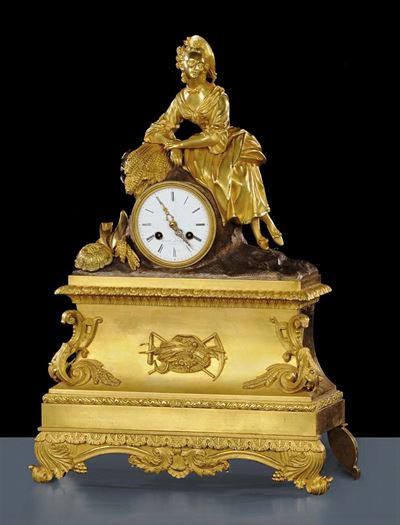Orologio Luigi Filippo in Bronzo Dorato con Dama, XIX Secolo