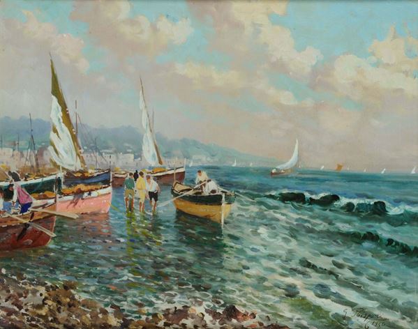 Giuseppe Rispoli (1882-1960) Marina napoletana con pescatori, 1940