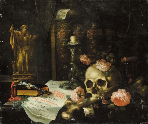 Scuola Italiana del XVIII secolo Natura morta con teschio