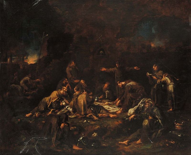 Anton Francesco Peruzzini (1643-1724) Paesaggio con frati  - Asta Antiquariato e Dipinti Antichi - Cambi Casa d'Aste