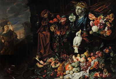 Johannes Hermans Detto Mons Aurora (1630-1665 Circa)fiori e Frutta con Cane, Scimmia e Pappagall...