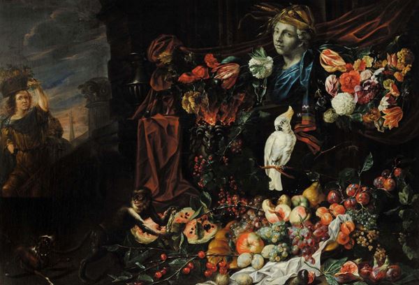 Johannes Hermans detto Mons Aurora (1630-1665 circa) Fiori e frutta con cane, scimmia e pappagallo