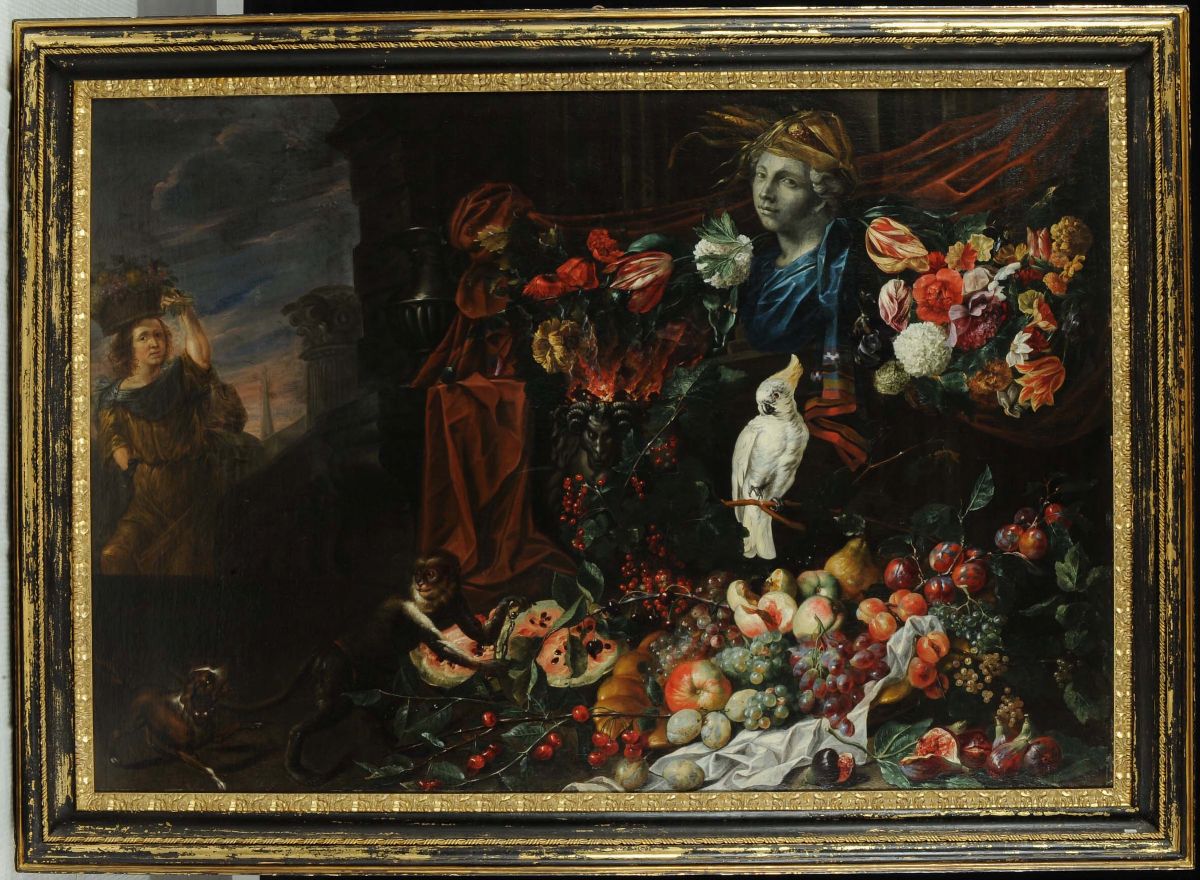 Johannes Hermans Detto Mons Aurora (1630-1665 Circa)fiori e Frutta con Cane, Scimmia e Pappagall...