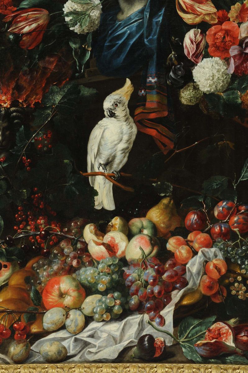 Johannes Hermans Detto Mons Aurora (1630-1665 Circa)fiori e Frutta con Cane, Scimmia e Pappagall...