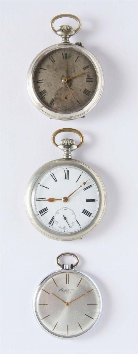 Tre orologi da tasca in acciaio  - Asta Gioielli, Argenti ed Orologi Antichi e Contemporanei - Cambi Casa d'Aste