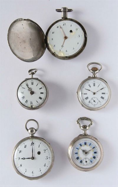 Cinque Orologi da Tasca da Uomo in Argento