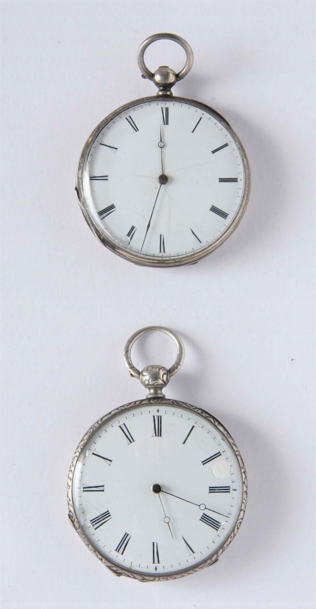 Due orologi da tasca da uomo in argento, Svizzera XIX secolo  - Auction Silver, Clocks and Jewels - Cambi Casa d'Aste