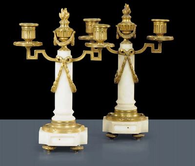 Coppia di Candelieri a Due Luci in Marmo e Bronzo Dorato, XIX Secolo
