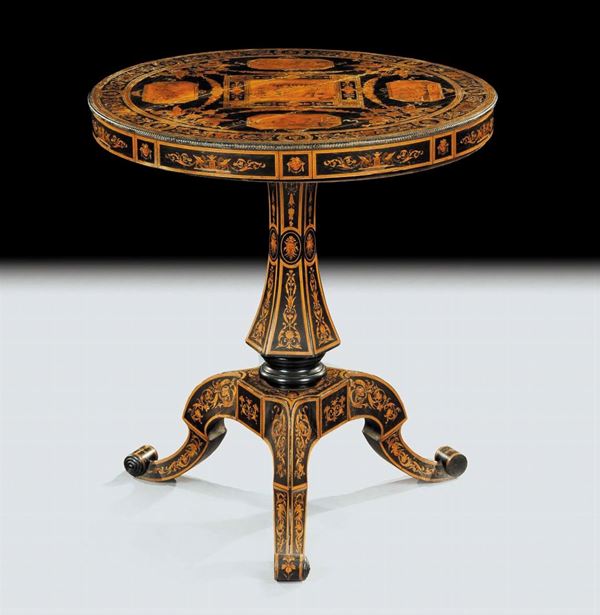 Tavolino circolare interamente intarsiato, Sorrento XIX secolo