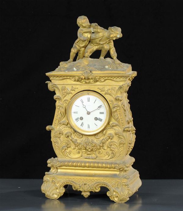 Orologio a pendolo da tavolo in bronzo dorato, Guibal Paris XIX secolo